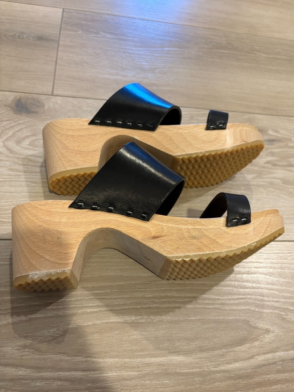 Anthropologie Black Leather Two-Band Wooden Clog Sandals - Picture 7 of 10
